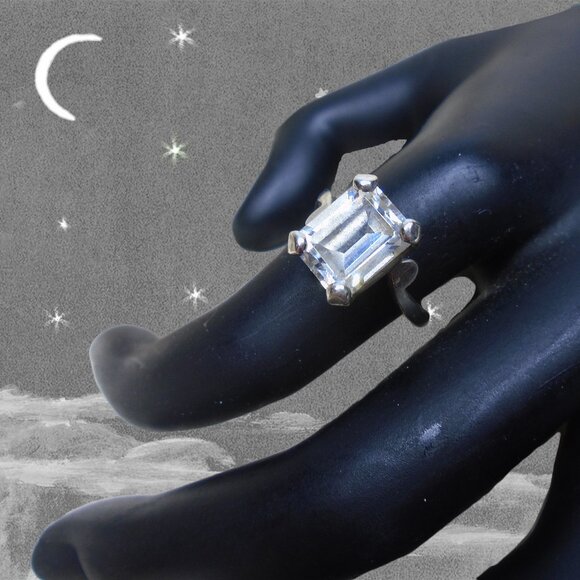 Cubic Zirconia Diamond Ring, 925 Silver - Spinel Crystal Faux Engagement Ring - Picture 1 of 9